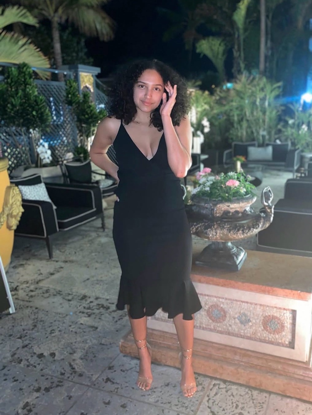 Black V-Neck Ruffle-Hem Midi Dress